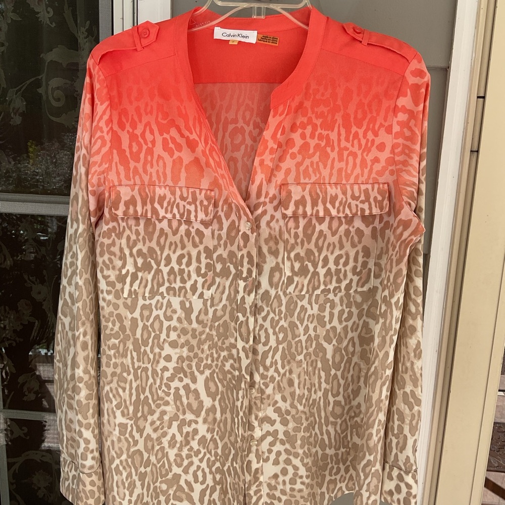 Calvin Klein Top Womens Sz Medium Orange Tan Ombre Leopard Print Pockets Career
